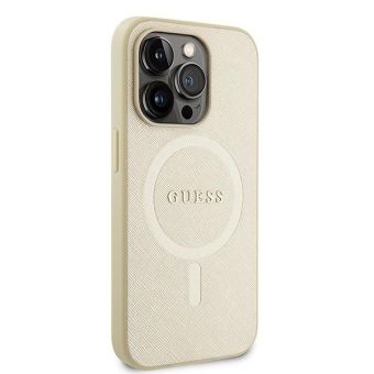 Plastové puzdro Guess na Apple iPhone 15 Pro Max GUHMP15XPSAHMCB Saffiano MagSafe béžové