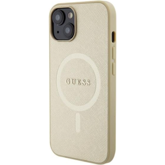 Plastové puzdro Guess na Apple iPhone 15 GUHMP15SSPSAHMCB Saffiano MagSafe béžové