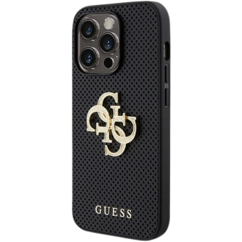 Plastové puzdro Guess na Apple iPhone 15 GUHCP15SPSP4LGK Leather Perforated 4G Glitter Logo čierne