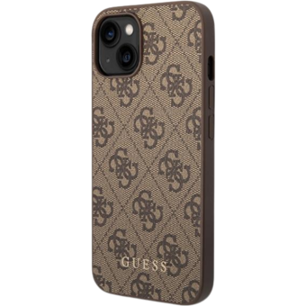 Plastové puzdro Guess na Apple iPhone 15 Plus GUHCP15MG4GFBR 4G Metal Gold Logo hnedé