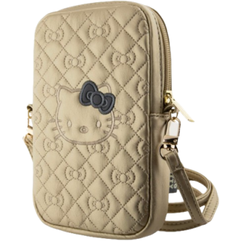 Univerzálne puzdro Hello Kitty na smartfón HKPBPEKHBPD PU Leather Quilted Pattern Kitty Head Logo Phone Bag zlaté