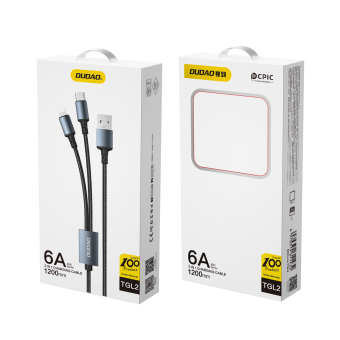 Dudao 2v1 TGL2, USB-A-USB-C/Lightning, 6A, 1.2m, čierny