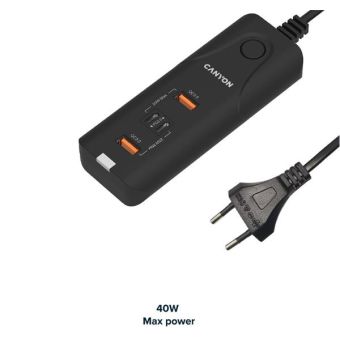 Canyon H-10, univerzálna nabíjačka do steny, 2xUSB-A, 2xUSB-C, 40W, Smart IC, prepäťová ochrana, čierna
