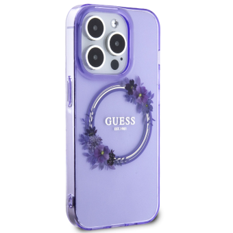 Plastové puzdro Guess na Apple iPhone 15 Pro GUHMP15LHFWFCU Flowers Ring Glossy Logo MagSafe fialové