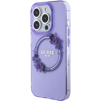 Plastové puzdro Guess na Apple iPhone 15 Pro GUHMP15LHFWFCU Flowers Ring Glossy Logo MagSafe fialové