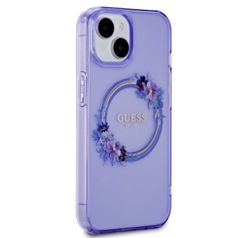 Plastové puzdro Guess na Apple iPhone 15 GUHMP15SHFWFCU Flowers Ring Glossy Logo MagSafe fialové