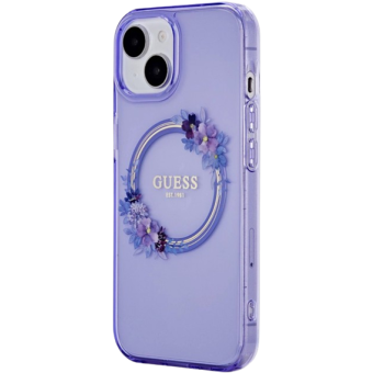 Plastové puzdro Guess na Apple iPhone 15 GUHMP15SHFWFCU Flowers Ring Glossy Logo MagSafe fialové