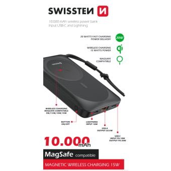 SWISSTEN PowerBank, 10000mAh, MagSafe, čierna