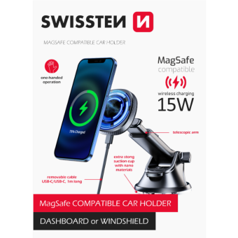 SWISSTEN Magnetic, magnetický držiak, bezdrôtové nabíjanie 15W Magsafe, čierny