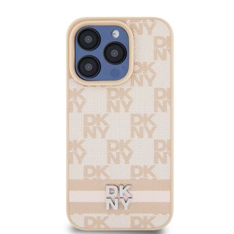 DKNY PU Leather Checkered Pattern and Stripe Apple iPhone 15 Pro DKHCP15LPCPTSSP Pink