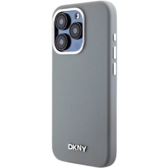 DKNY Liquid Silicone Silver Metal Logo MagSafe Apple iPhone 15 Pro DKHMP15LSMCHLG Grey