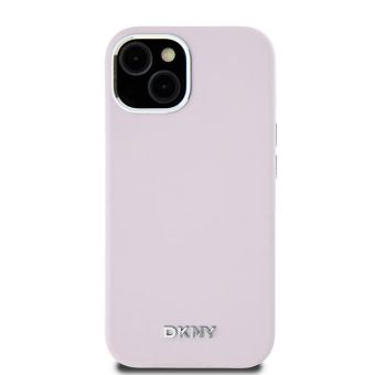 DKNY Liquid Silicone Silver Metal Logo MagSafe Apple iPhone 15 Plus DKHMP15MSMCHLP Pink