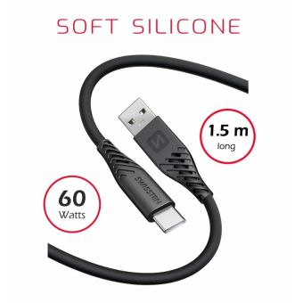 SWISSTEN SOFT SILICONE, USB-A na USB-C, 1.5m, 60W, čierrny