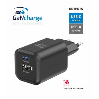 SWISSTEN GaN Travel Charger 1xUSB-C 45W PD + 1xUSB-A 18W QC čierna