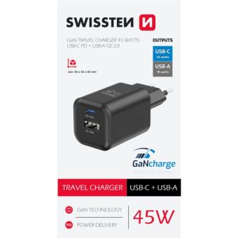 SWISSTEN GaN Travel Charger 1xUSB-C 45W PD + 1xUSB-A 18W QC čierna