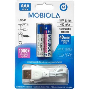 Mobiola MBAAA400, USB-C nabíjateľné Li-Ion batérie, AAA, 400mAh