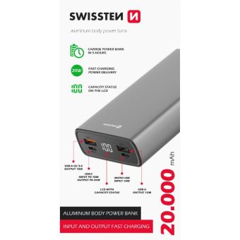 SWISSTEN Aluminum Power Bank 20000mAh 20W Power Delivery Grey