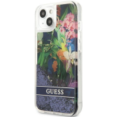 Plastové puzdro Guess na Apple iPhone 13 Pro GUHCP13LLFLSB Flower Liquid Glitter modré