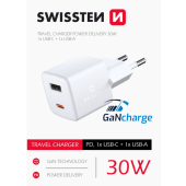 Rýchlonabíjačka Swissten Mini GaN, USB,USB-C, PD 30W, biela