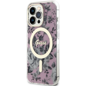 Plastové puzdro Guess na Apple iPhone 14 Pro GUHMP14LHCFWSP Flowers IML MagSafe ružové