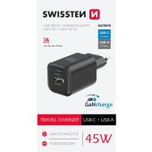 SWISSTEN GaN Travel Charger 1xUSB-C 45W PD + 1xUSB-A 18W QC čierna