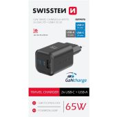 SWISSTEN GaN Travel Charger 2xUSB-C 65W PD + 1xUSB-A 18W QC čierna